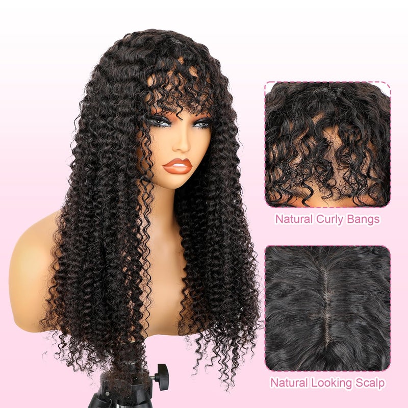 BLY Kinky Curly Half Wig Human Hair with Bangs Glueless Wear and Go 3 In 1 Flip Over Wig for Women Beginner Friendly Natural Look Scalp Top 180 Density Natural Black 20 Inch - Image 3